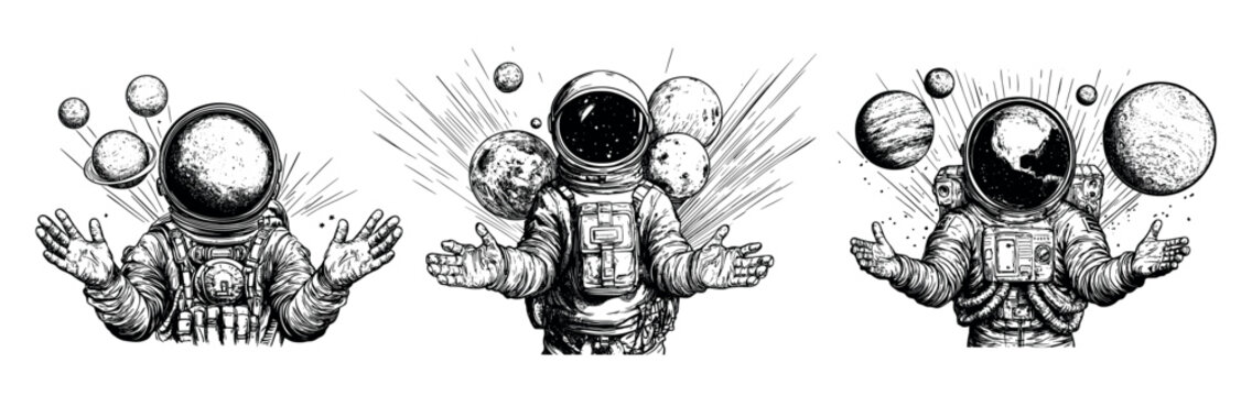 Engraving cosmonaut with planets. Astronaut in solar system astronomical space, galaxy journey adventure concepts, hand drawn black ink sketches isolated vectors on white background
