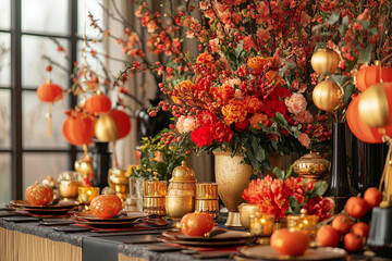 Elegant autumn table setting with vibrant flowers and seasonal decorations for a festive gathering