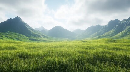 Fototapeta premium Lush Green Meadow Surrounded by Hazy Mountains