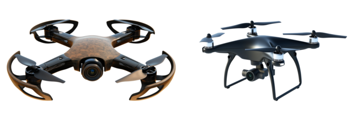 Set of drone with camera, isolated on transparent background.