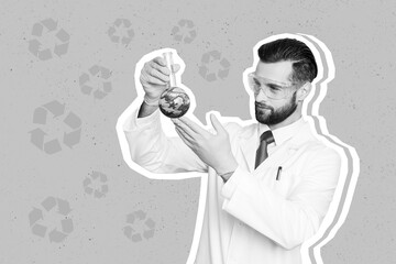 Creative 3d photo collage artwork graphics painting of smart clever guy inventing planet saving things isolated drawing background