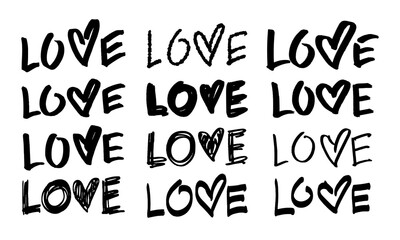 Twelve handwritten inscriptions - Love with a heart instead of the letter V. Doodles and squiggles. Vector set