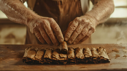 Skilled hands rolling a fresh cigar, showcasing the craftsmanship, precision, and tradition involved in creating high-quality handmade cigars