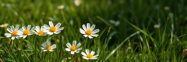 Fototapeta premium small white flowers with bright yellow centers peeking out of the grass, wildflowers, natural scenery