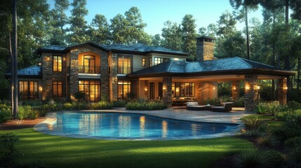 Estate Lighting. Luxurious large house with pool and garden at night,