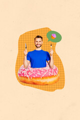 Vertical photo collage of happy man hola cutlery fork knife peek donut dessert dream cupcake hunger food isolated on painted background © deagreez