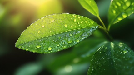 Fresh Foliage. Green leaves with water droplets close-up in morning su