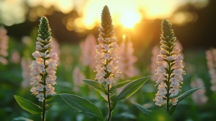 Veronica Blooms. Pink Veronica flowers green leaves sunset background