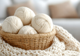 Obraz premium Yarn in an old woven basket, showcasing a collection of colourful threads, evoking a cosy, rustic atmosphere perfect for knitting, crocheting, or crafting projects
