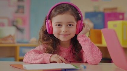 cute girl sitting at table in room with headphones on her head. Concept of home schooling for children, early development and distance education