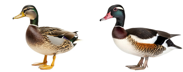 Set of mallard Duck, full-body, on a transparent background.