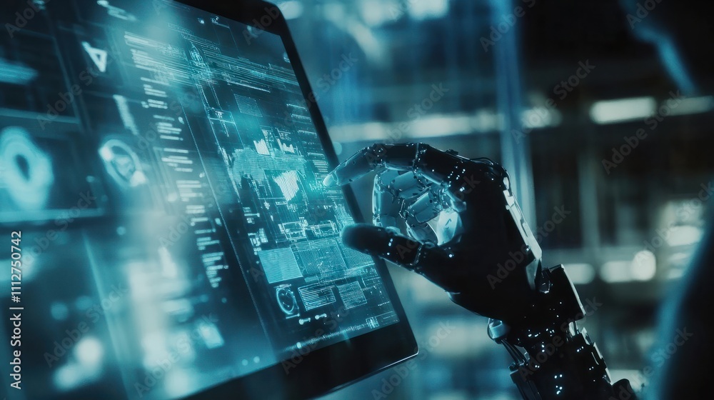 Poster technician manager, industrial engineer controlling roboticts on monitoring system software and icon