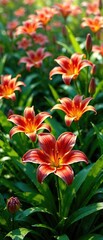 Vibrant daylily flowers in full bloom amidst lush green foliage, perennial plants, daylilies, colorful garden