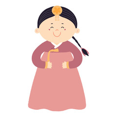 Cute girl in traditional Korean clothes hanbok character, isolated. Hand drawn cartoon vector illustration. Flat style design. New Year Seollal, Chuseok holiday card, poster, banner element