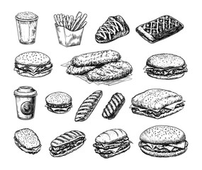 Engraving fast food elements. Burgers french fries and berry pies with hamburger sandwich soda coffee junk street meals, hand drawn black monochrome sketch isolated vector illustrations