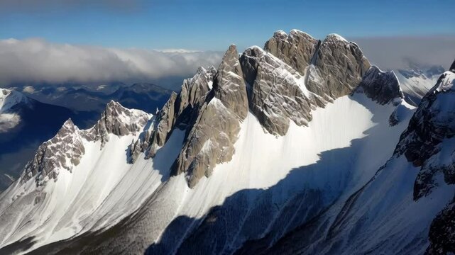 Experience the breathtaking beauty of jagged, snow-covered mountains under the bright winter sun, with shadows stretching across hidden valleys. International mountain day.