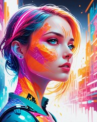 Fototapeta premium Watercolor portrait of a girl. Portrait of a woman in a city 