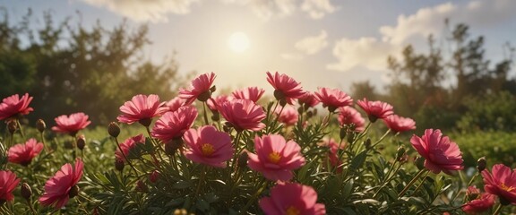 Naklejka premium A beautiful Portulaca grandiflora flower bursts with color against a warm summer sky and lush greenery , natural, landscape, portulaca