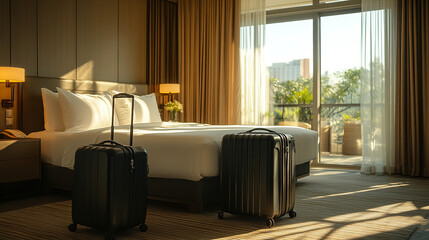 Hotel room with modern decor and luggage ready for check-in in the early morning light. Generative AI
