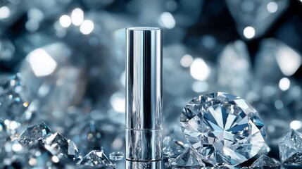 A sleek lipstick tube stands elegantly among scattered diamonds and crystals that glisten in the light. The setting exudes luxury and glamour, perfect for beauty promotion