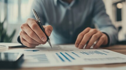 A person is actively reviewing and analyzing various business graphs and charts while preparing notes during a strategic planning session at a modern office desk