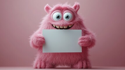 Fototapeta premium 3d cute pink monster holding up a blank sign colorful cartoon character empty banne