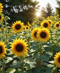 Fototapeta premium A cluster of sunflowers in a garden, their large bright yellow petals shining like a ray of sunshine on a summer afternoon , green, nature, sunflowers