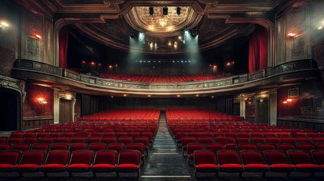 Luxurious theater features rows of red velvet seats facing a grand stage. The ornate ceiling is illuminated by soft lights, creating an inviting atmosphere for performances