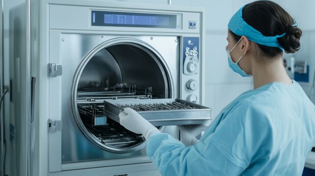 A healthcare worker in scrubs and a surgical mask is carefully handling a tray of surgical instruments for sterilization in a medical facility. This ensures instruments are safe for patient use