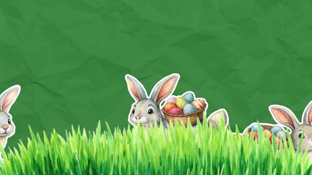 A bunny with a basket of Easter eggs on his back gallops across the grass to the side on four legs. Easter concept. Empty space for text. Stop motion animation on green paper background