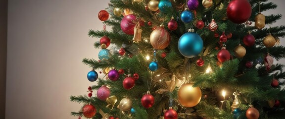 A festive Christmas tree with colorful ornaments hung from the branches, garlands, decorative items