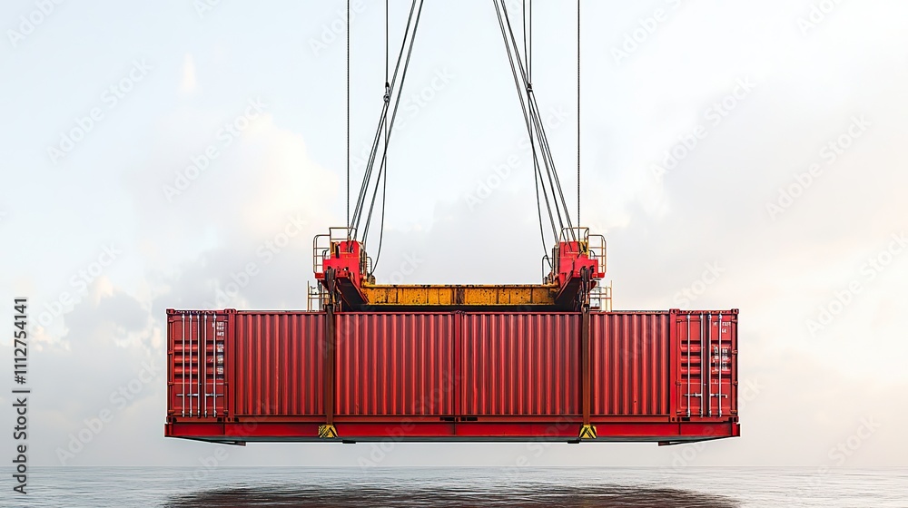 Poster 3d rendering of a shipping container being carried by a mobile crane barely isolated on white backgroun