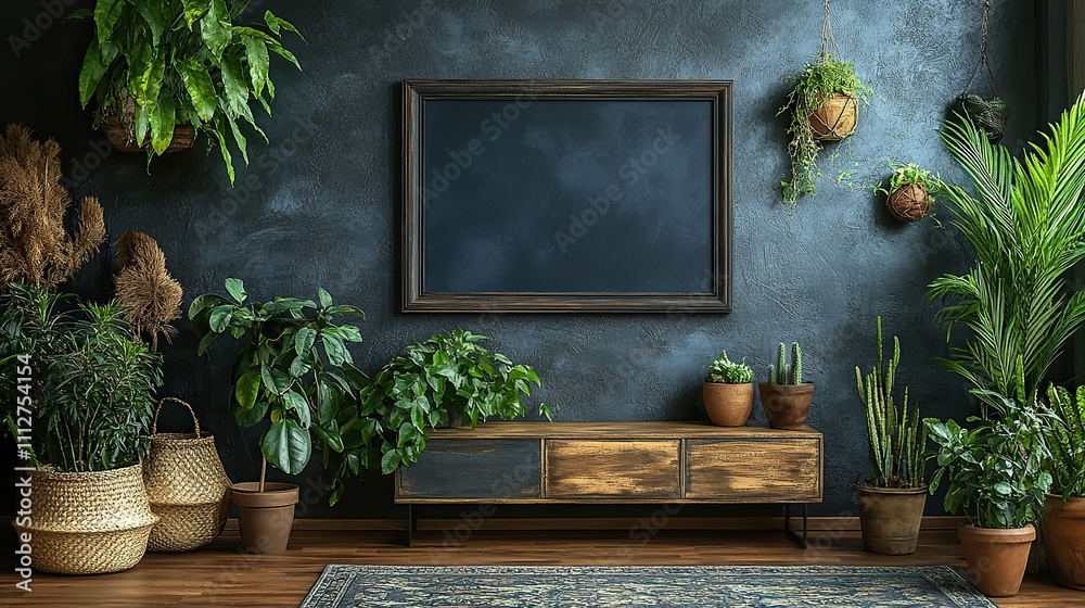 Poster 3d rendering of a mockup frame on a cabinet in the interior of a living room with a dark empty wall 