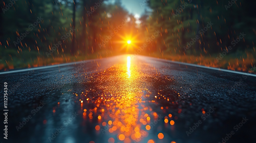 Leinwandbilder 3d rendering of empty road towards rising sun light reflection on asphalt surface for automobile adv