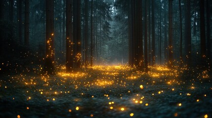 Here's a description and keywords for the image.. Enchanting fireflies illuminate a mystical forest path at twilight.