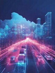 City using intelligent transportation system technologies. Intelligent transportation system, traffic management, smart city technologies concept. Pinkish coral bluevector isolated illustration