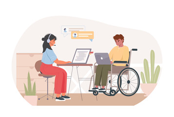 Social inclusion of people in wheelchair concept. Man with disability in wheel chair working with laptop at office. Person with disability collaborate, casing equality at work flat vector illustration
