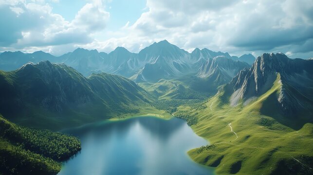 A scenic aerial view of a mountain range with a pristine lake nestled between the peaks.