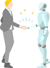  Business person and robot shake hands startup - development team working together - Vector illustration