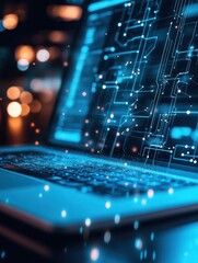 Obraz premium Close up of laptop with creative glowing blue IOT hologram on blurry background. Internet of things concept. Double exposure