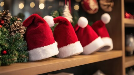 Fototapeta premium Cheerful Santa hat collection styled for a holiday display