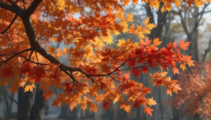 A sprawling branch covered with orange and red maple leaves, tree branches, autumn leaves