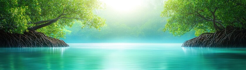 Fototapeta premium A serene landscape featuring calm turquoise waters bordered by lush greenery under a bright, glowing sky.