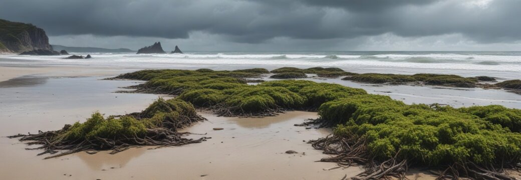 Beach with large amounts of seaweed and debris washed up due to stormy weather , stormy weather, holderness area,