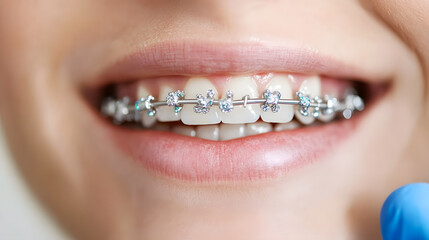 Obraz premium Close-up of a patient’s mouth undergoing dental braces treatment, with visible metal brackets and wires, illustrating the process of orthodontic care and teeth alignment
