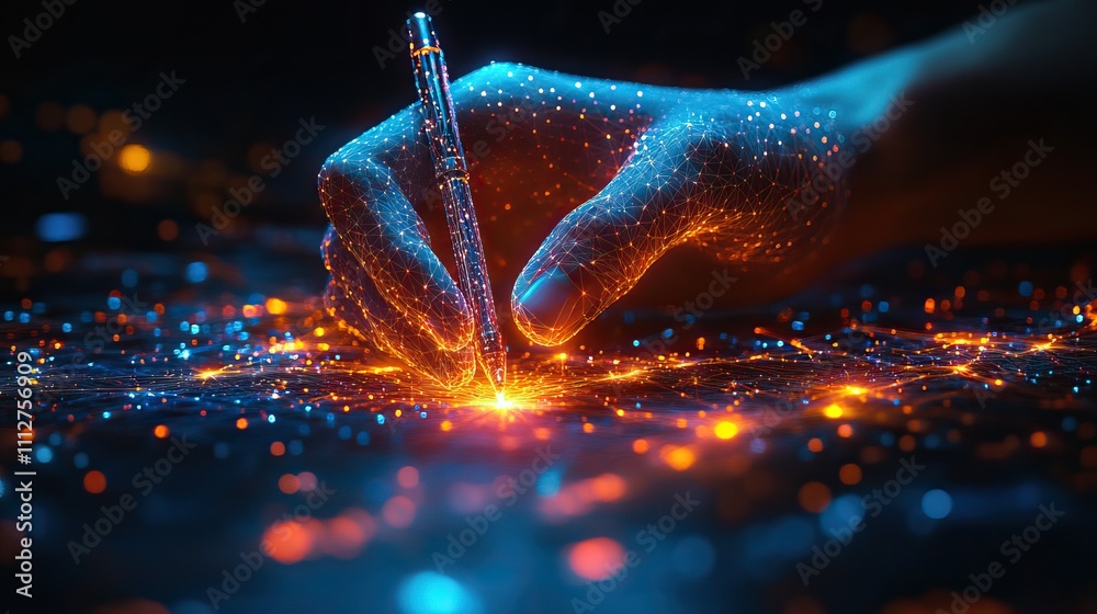 Aufkleber a hand clutching a pen triangles low polygon lines and particle style designs geometric abstract wireframe structure for connecting light