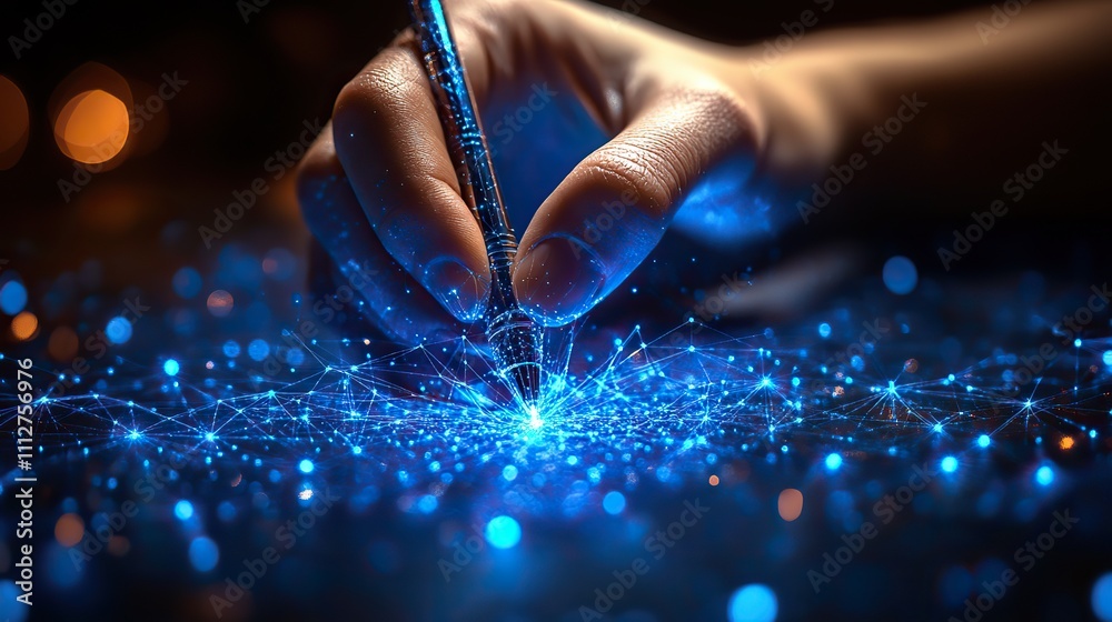 Poster a hand clutching a pen triangles low polygon lines and particle style designs geometric abstract wireframe structure for connecting light