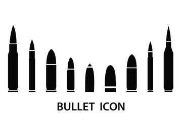 Bullet icon, vector set. Ammo icon, vector set. Sniper, Gun, Rifle bullet icon, vector, silhouette set design. Vector illustration. 
