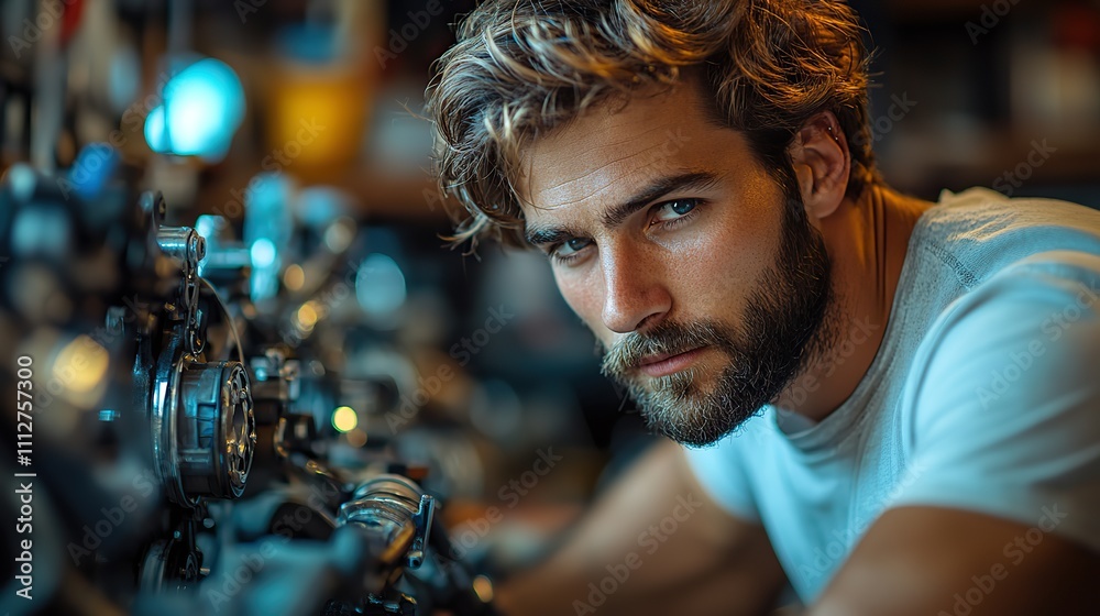Aufkleber a handsome mechanic fixes bicycles in his workshop up close a young man with a beard and a white t s