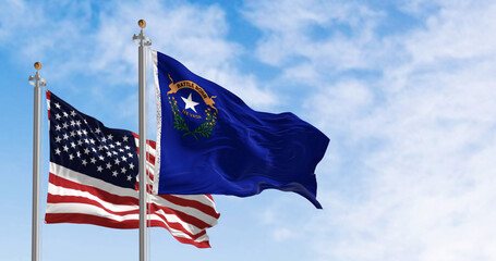 Close-up of Nevada state flag waving in the wind on a clear day